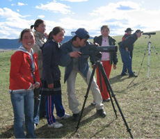 Students and researchers in Erdenebulgan Sum, Mongolia observe Great Bustards